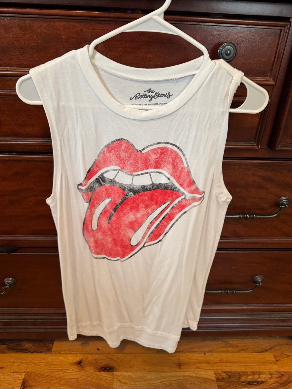 the Rolling Stones White Muscle Tank with Red Tongue Graphic